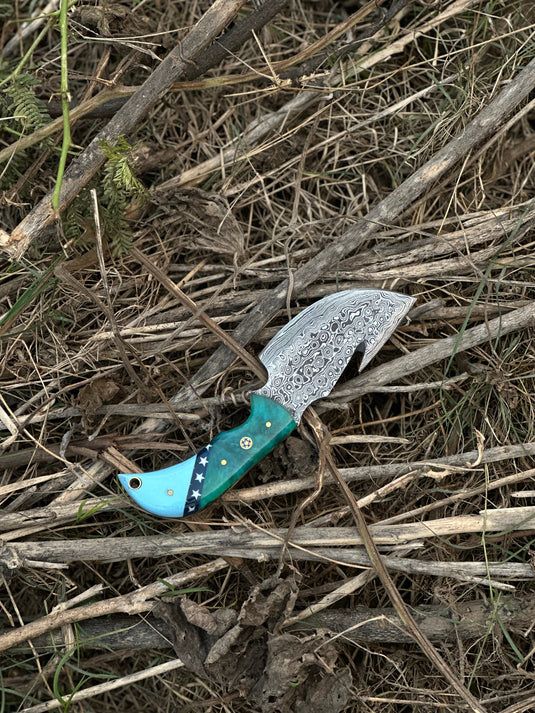 Elite Custom Handmade Damascus Steel Guthook Skinning Knife with Resin Handle - 7.5” Premium Blade with Leather Sheath