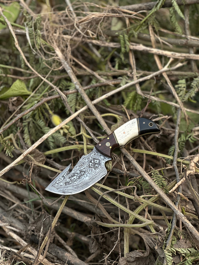 Load image into Gallery viewer, Custom Handmade Damascus Steel Guthook Skinning Knife with Rosewood, Camel Bone &amp; Black Sheet Handle - 7.5” with Leather Sheath
