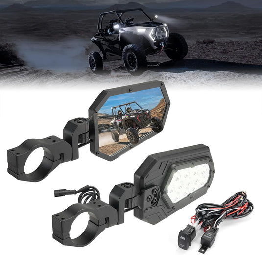 Aluminum UTV Side Mirrors Lights for Can Am Maverick X3/ RZR w/ 1.75"-2" Roll Bar