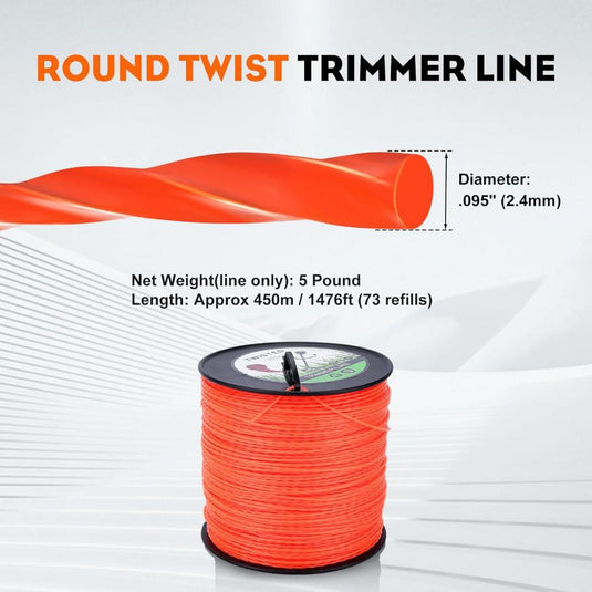 .095 5-Pound by 1889-ft Round Twist Commercial Trimmer Line in Spool Weed Eater with 2.4 mm/095-Inch Line Cutter Orange SOAK for 24H Before Using