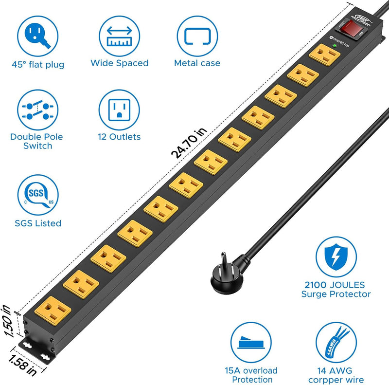 Load image into Gallery viewer, 12-Outlet 2100 Joules Heavy Duty Metal Power Strip, Mountable Surge Protector
