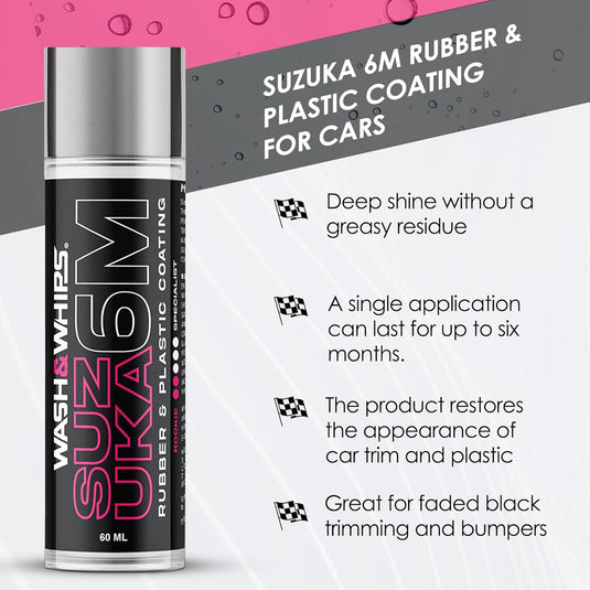 WASH&WHIPS Suzuka 6M Rubber & Plastic Coating for Cars, Restores and Brings Back Black - Concentrated Formula Non-Greasy, 60ml