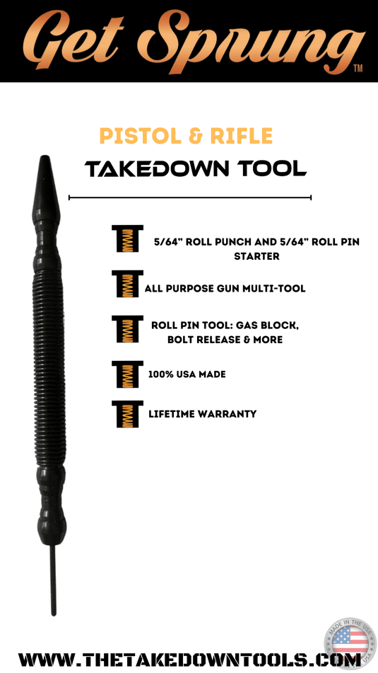 The Everything Tool:The Takedown Tools! 5/64” Roll Pin starter and a 5/64” roll pin punch. 100% USA MADE