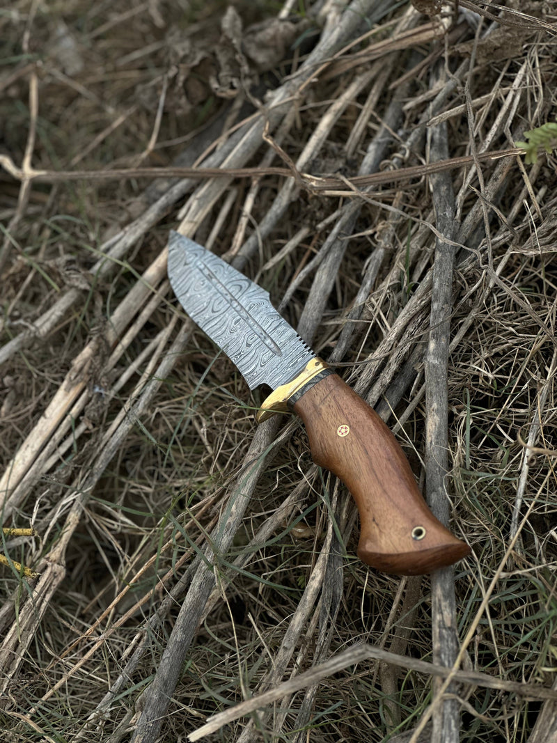 Load image into Gallery viewer, Hunting Blade – 10" Damascus Steel Knife with Rosewood Handle, Brass Guard &amp; Leather Sheath

