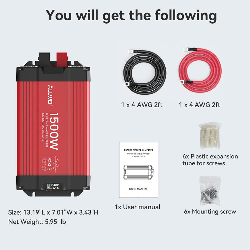 Load image into Gallery viewer, ALLWEI 1500W Pure Sine Wave Inverter 12V to 120V AC
