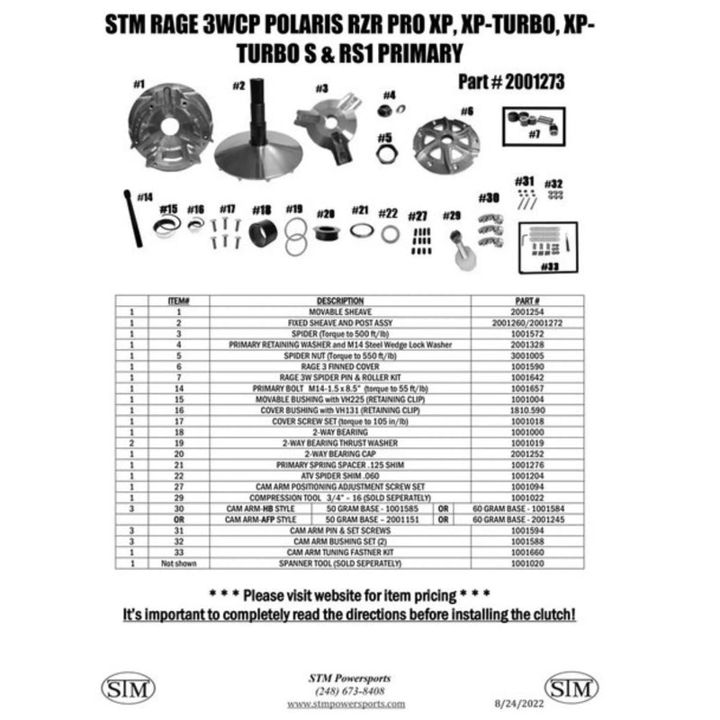 Load image into Gallery viewer, STM Rage 3WCP Polaris Pro XP, XP-Turbo, Turbo R, Turbo S and RS1 Primary Clutch
