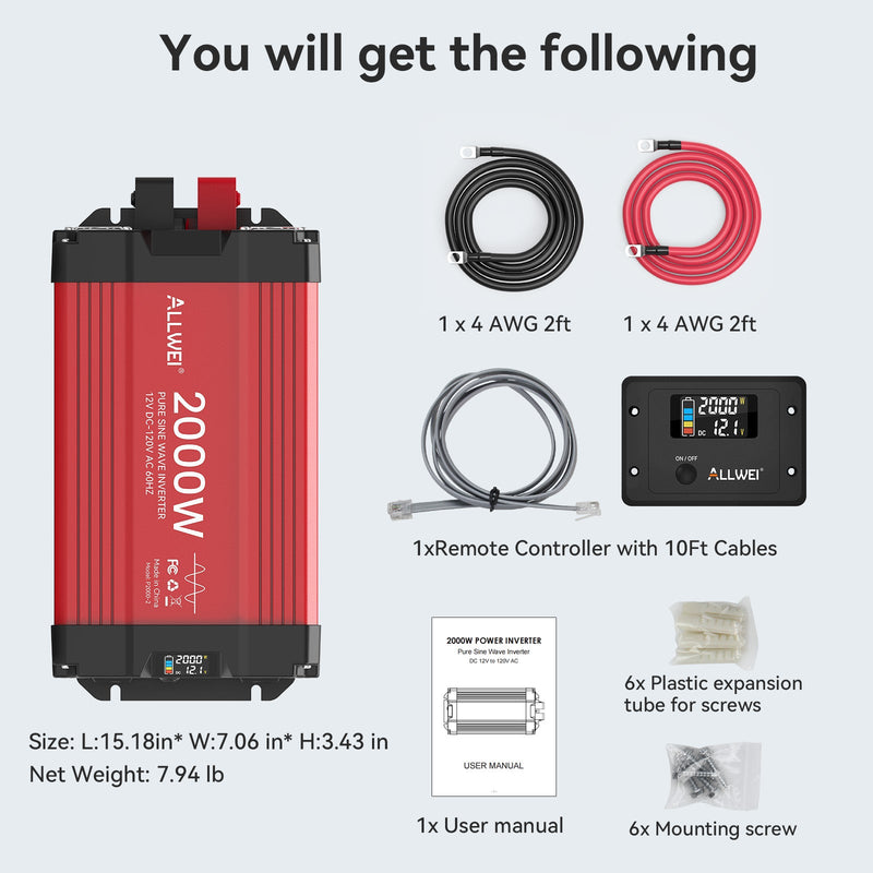 Load image into Gallery viewer, ALLWEI 2000W Pure Sine Wave Inverter - 12V DC to 120V AC Power Converter
