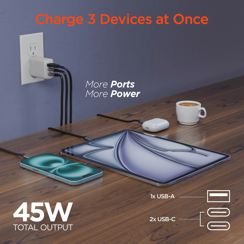 Load image into Gallery viewer, HyperGear SpeedBoost 45W USB-C PD Tri-Port GaN Fast Wall Charger with PPS and 6ft USB-C Cable
