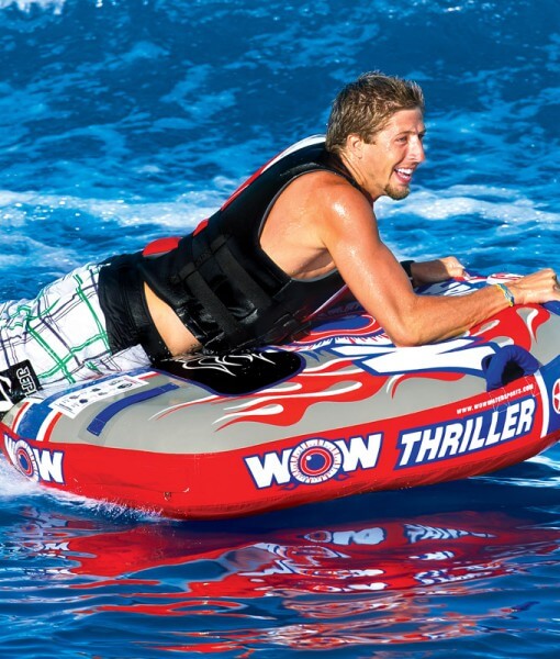 Load image into Gallery viewer, WOW Sports Thriller 1 Person Towable Water Tube - Starter Kit w/ 12V Pump &amp; 1K Tow Rope
