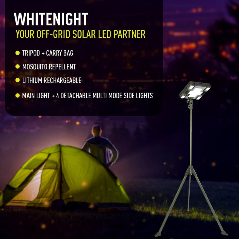 Load image into Gallery viewer, TRU De-LIGHT WHITENIGHT Multipurpose Solar / AC / DC - Garden, Camping Main Light + 3 Independent Detachable Multi Mode Side Lights / Tripod + Carrying Bag

