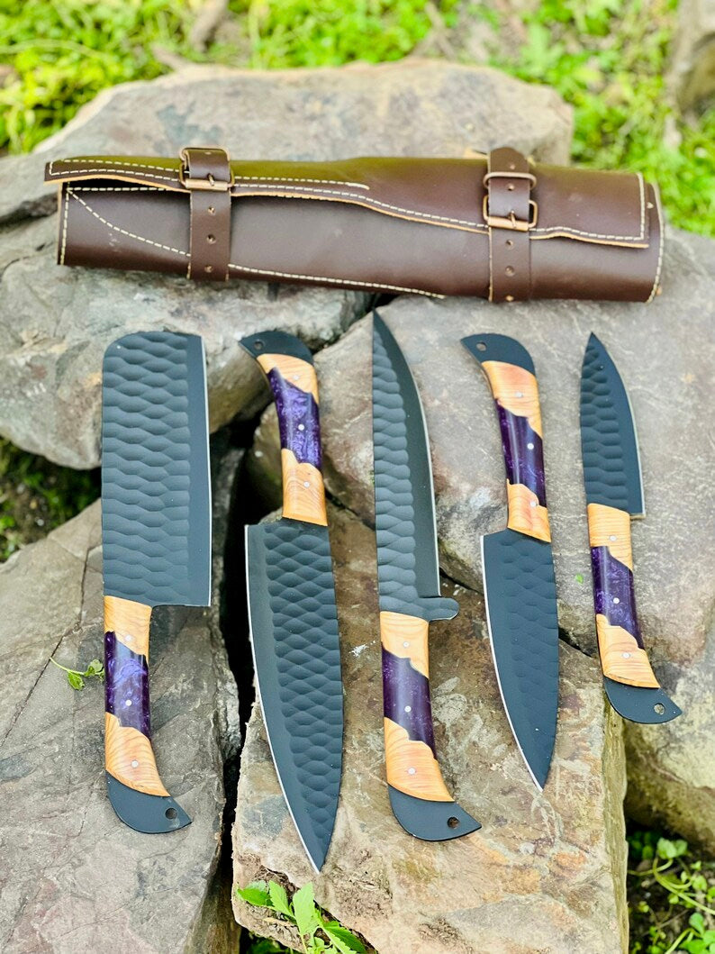 Load image into Gallery viewer, Best Knife Block Set – 13&quot; Forged Stainless Steel Chef Knife with Olivewood &amp; Epoxy Resin Handle + Leather Sheath
