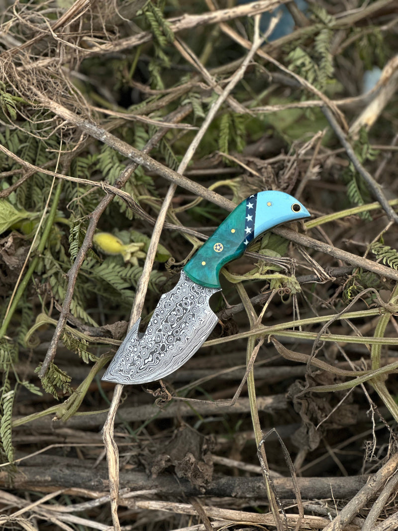 Load image into Gallery viewer, Elite Custom Handmade Damascus Steel Guthook Skinning Knife with Resin Handle - 7.5” Premium Blade with Leather Sheath
