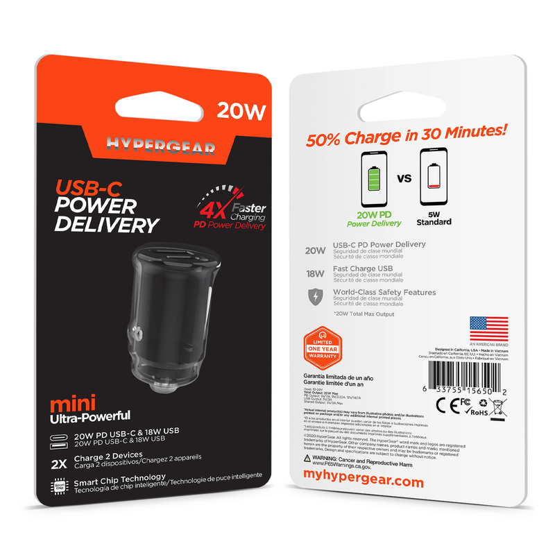 Load image into Gallery viewer, HyperGear Mini 20W USB-C PD + 18W USB Fast Car Charger
