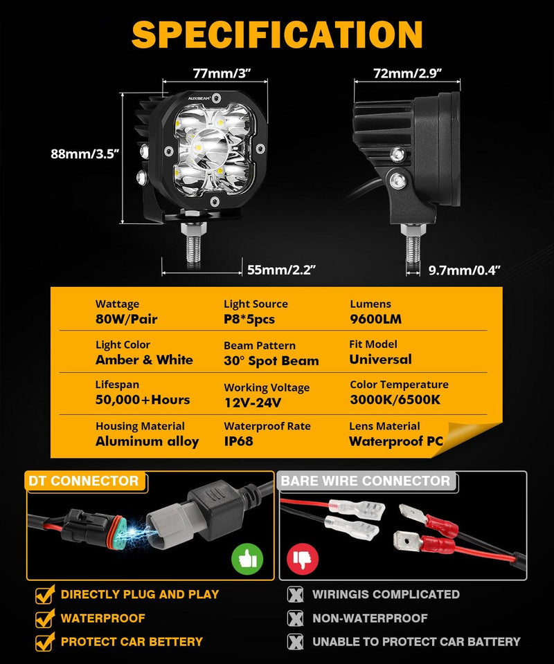 Load image into Gallery viewer, XP-ULTRA Series 3 Inch 80W Spot Beam LED Pods Amber&amp;White Offroad Lights
