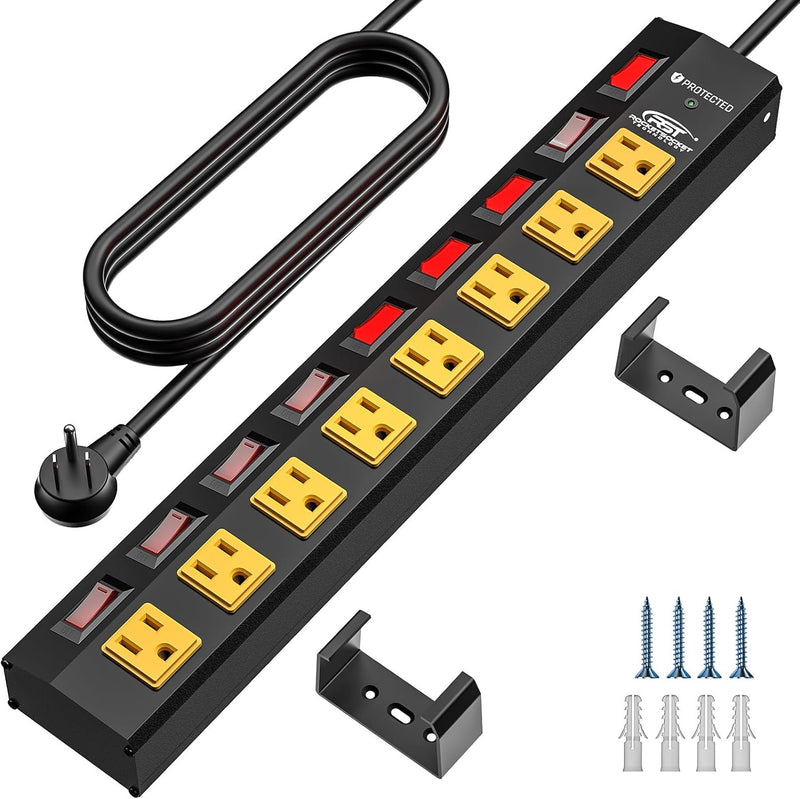 Load image into Gallery viewer, CRST 8-Outlet Wide Metal Surge Protector Power Strip - Individual Switches, 1200J, Wall Mount, 6ft Cord

