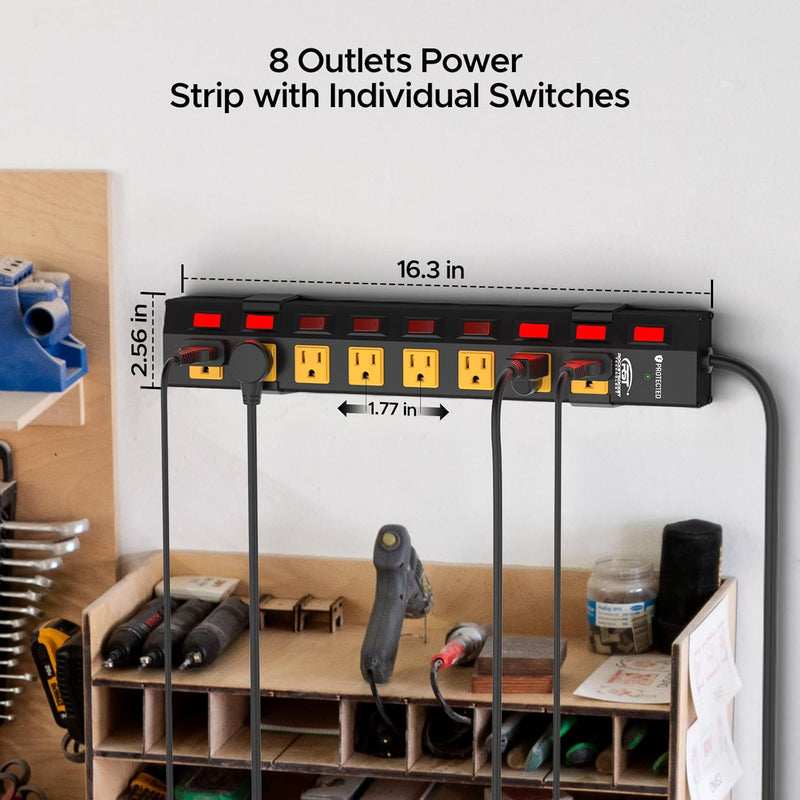 Load image into Gallery viewer, CRST 8-Outlet Wide Metal Surge Protector Power Strip - Individual Switches, 1200J, Wall Mount, 6ft Cord
