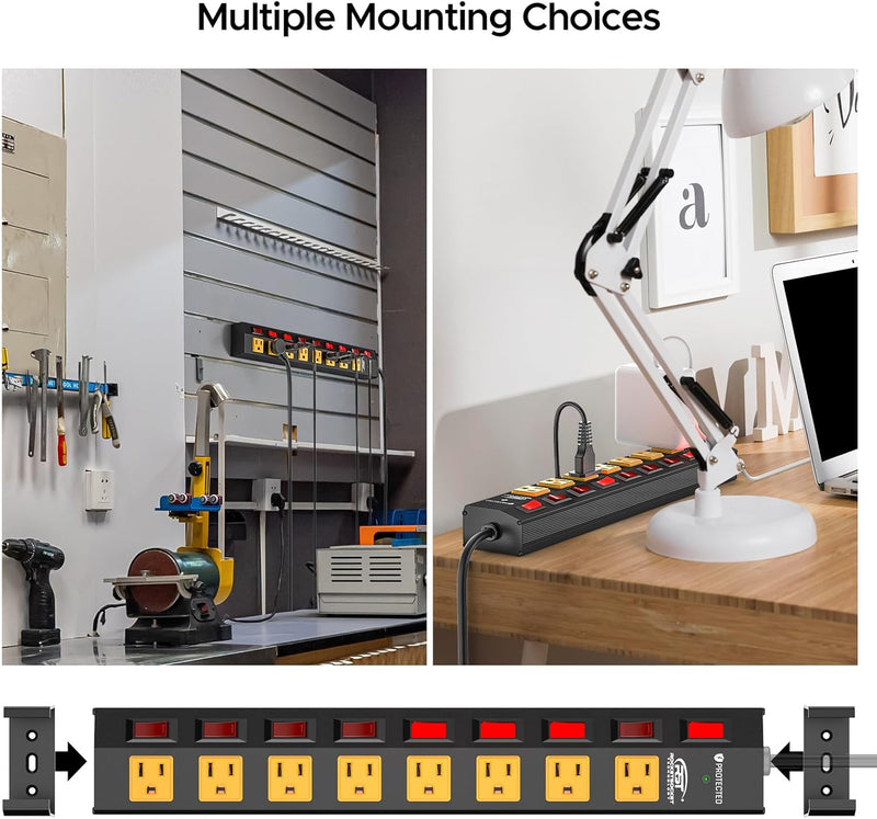 Load image into Gallery viewer, CRST 8-Outlet Wide Metal Surge Protector Power Strip - Individual Switches, 1200J, Wall Mount, 6ft Cord

