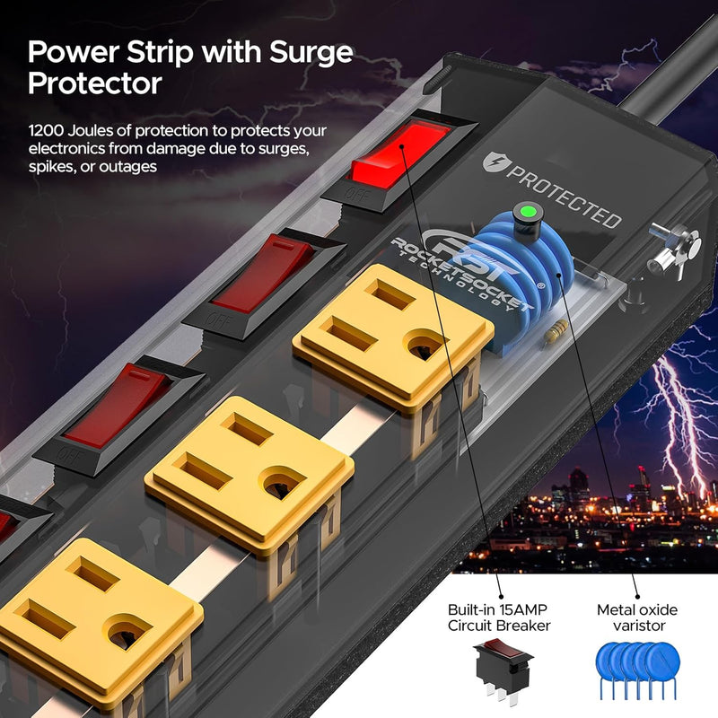 Load image into Gallery viewer, CRST 8-Outlet Wide Metal Surge Protector Power Strip - Individual Switches, 1200J, Wall Mount, 6ft Cord
