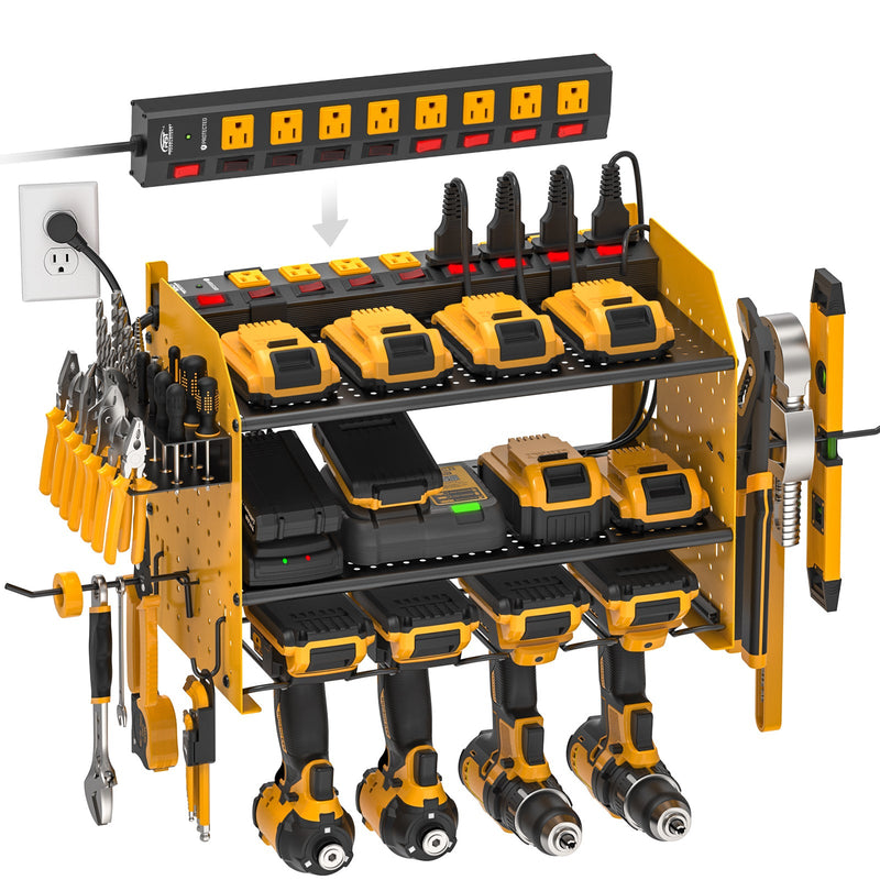 Load image into Gallery viewer, 3 Layers Power Tools Organizer Wall Mount with Charging Station, Garage Tool Storage Rack Shelf with 8-Outlet Individual Switches Power Strip
