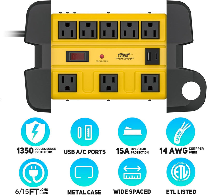 Load image into Gallery viewer, CRST 8-Outlet Heavy Duty Metal Power Strip | USB-C, 1350J Surge, ETL Listed
