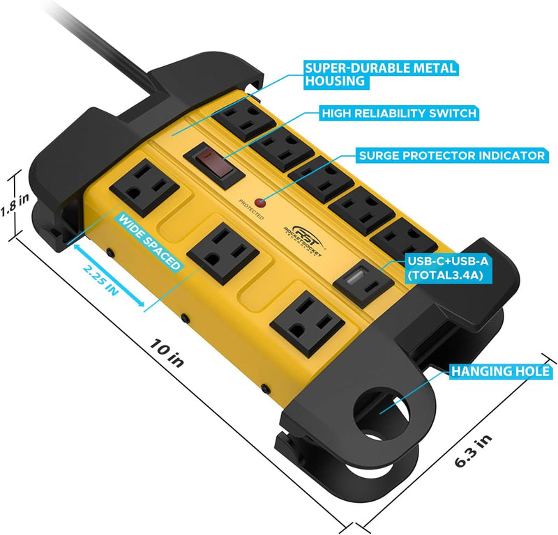 Load image into Gallery viewer, CRST 8-Outlet Heavy Duty Metal Power Strip | USB-C, 1350J Surge, ETL Listed
