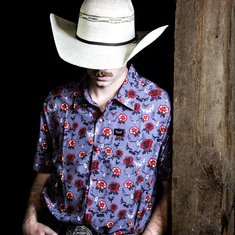 Load image into Gallery viewer, “Rowdy Rose” Pearl Snap Shirt | Western Red Pearl Snap Button-Up for Ranch &amp; Rodeo | Westrek
