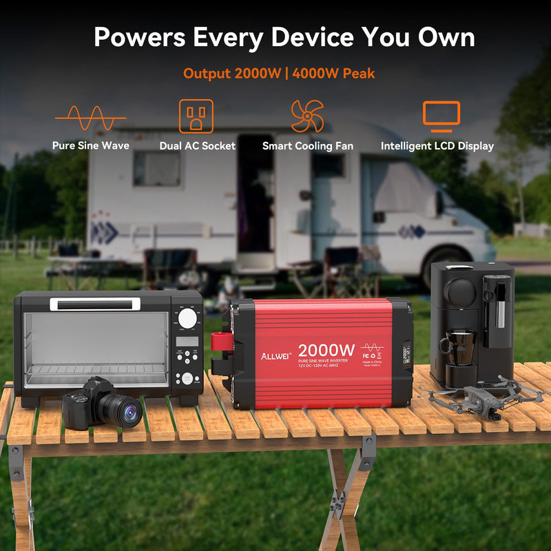 Load image into Gallery viewer, ALLWEI 2000W Pure Sine Wave Inverter - 12V DC to 120V AC Power Converter
