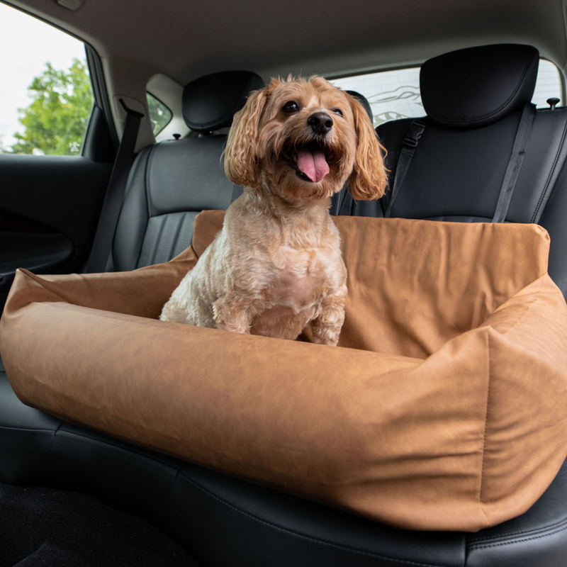 Load image into Gallery viewer, PupProtector™ Faux Cool-to-Touch Vegan Leather Memory Foam Dog Car Bed - Camel
