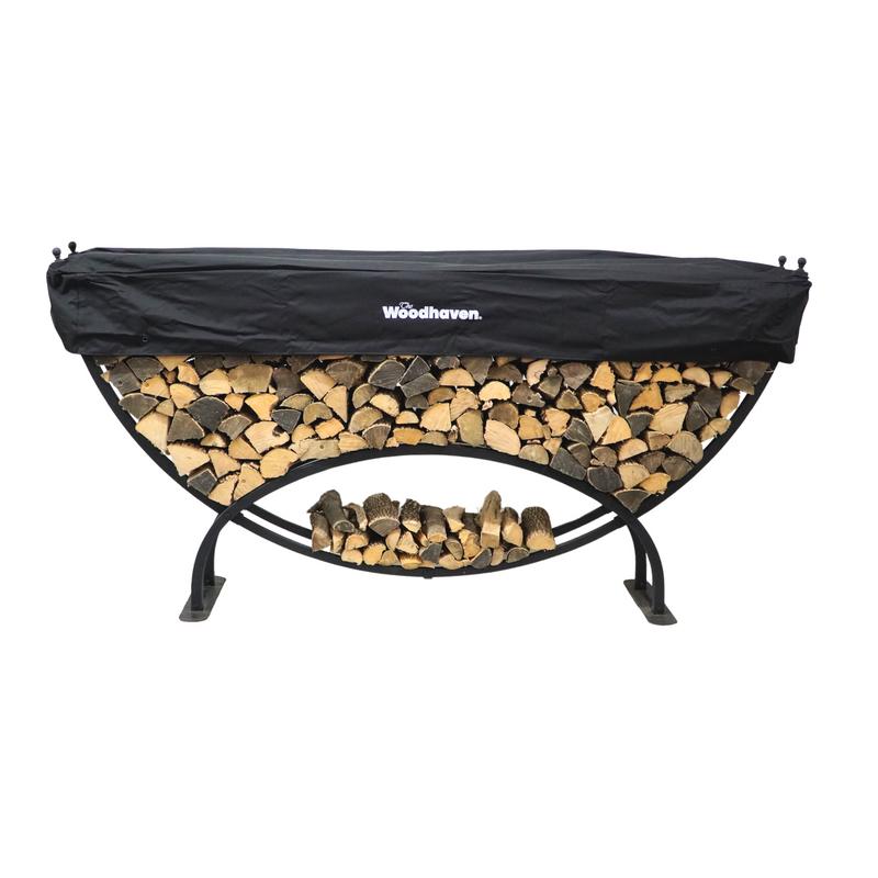Load image into Gallery viewer, 8 ft Large Crescent Steel Firewood Rack with Seasoning Cover Woodhaven
