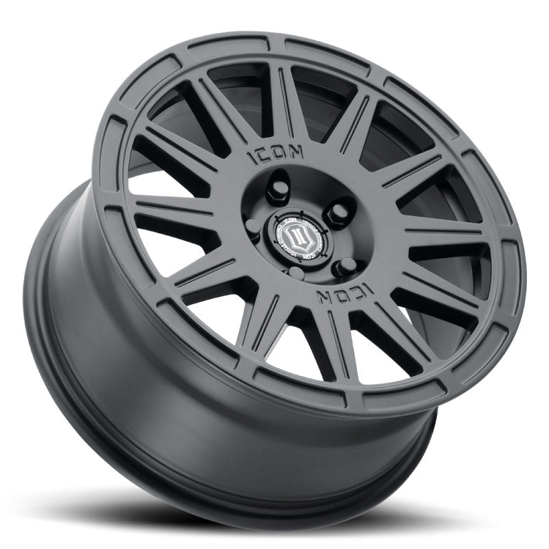 Load image into Gallery viewer, ICON Ricochet 17x8 5x4.5 38mm Offset 6in BS Satin Black Wheel
