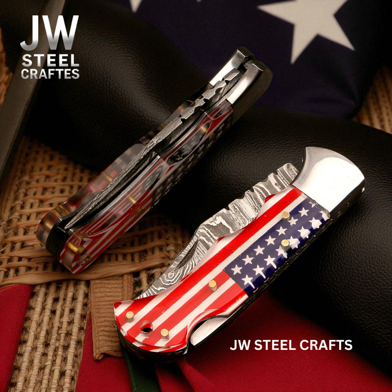 Load image into Gallery viewer, American Flag Damascus Folding Hunter with Ram Horn Handle
