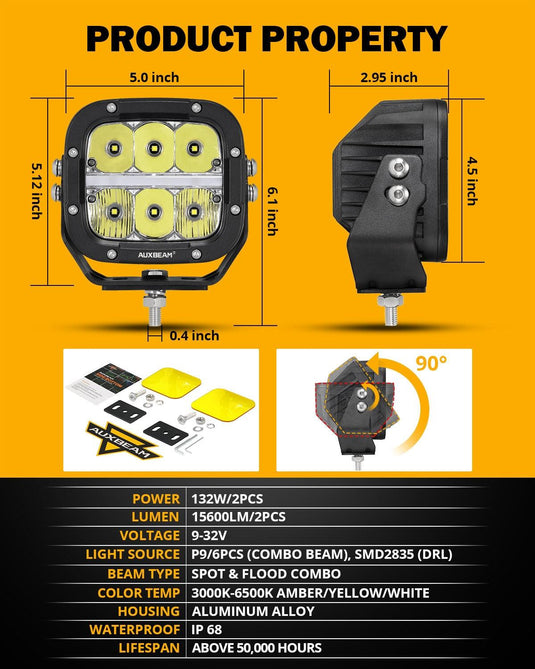 XP-ULTRA Series 5 Inch 132W 15600LM White/Amber LED Pods Driving Light with Amber DRL