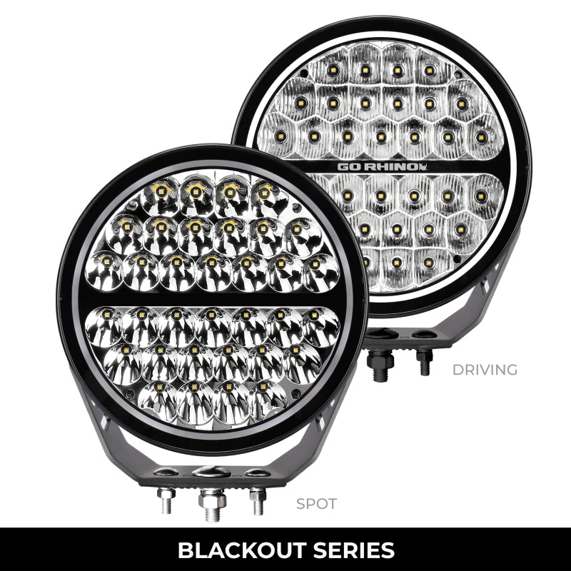Load image into Gallery viewer, Go Rhino Xplor Blackout Series Round Single LED Spot Light Kit w/DRL (Surface Mount) 9in. - Blk
