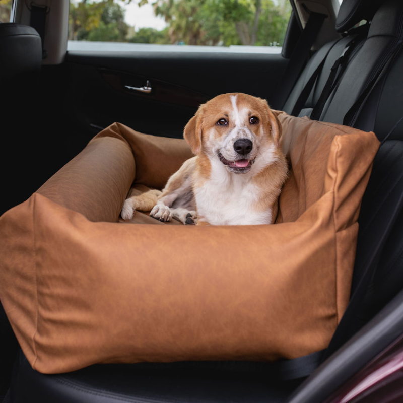 Load image into Gallery viewer, PupProtector™ Faux Cool-to-Touch Vegan Leather Memory Foam Dog Car Bed - Camel
