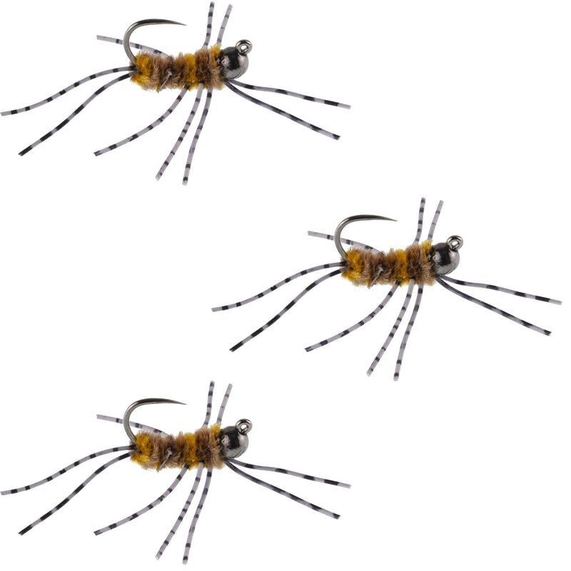 Load image into Gallery viewer, 3 Pack Barbless Pat&#39;s Barred Rubber Legs Tungsten Bead Jigged Coffee/Tan Euro Nymph  - Hook Size 6
