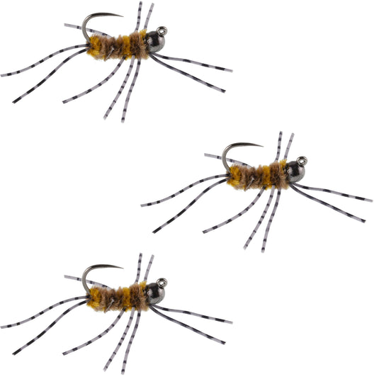 3 Pack Barbless Pat's Barred Rubber Legs Tungsten Bead Jigged Coffee/Tan Euro Nymph  - Hook Size 6