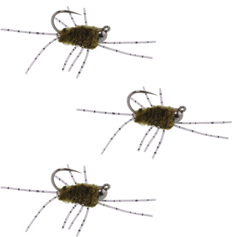 Load image into Gallery viewer, 3 Pack Barbless Pat&#39;s Barred Rubber Legs Tungsten Bead Jigged Dark Olive Euro Nymph  -  Hook Size 6

