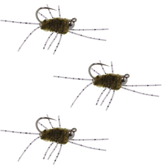 3 Pack Barbless Pat's Barred Rubber Legs Tungsten Bead Jigged Dark Olive Euro Nymph  -  Hook Size 6