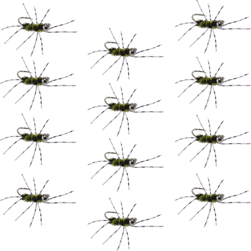 Load image into Gallery viewer, Pat's Rubber Legs Tungsten Jig Black/Olive Euro Nymph 12 Flies Size 6

