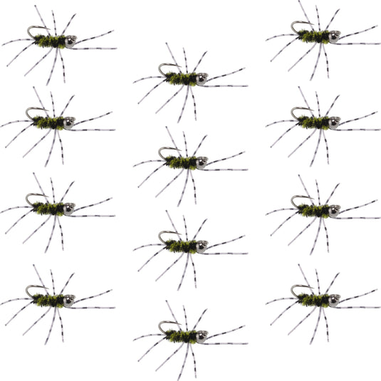 Pat's Rubber Legs Tungsten Jig Black/Olive Euro Nymph 12 Flies Size 6