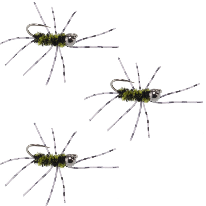Load image into Gallery viewer, 3 Pack Barbless Pat&#39;s Barred Rubber Legs Tungsten Bead Jigged Black/Olive Euro Nymph  - Hook Size 6
