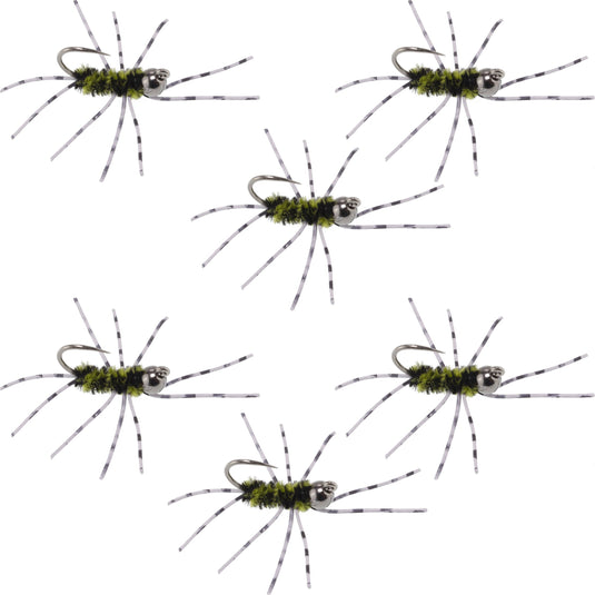 Barbless Pat's Rubber Legs Tungsten Jig Black/Olive Euro Nymph 6 Flies