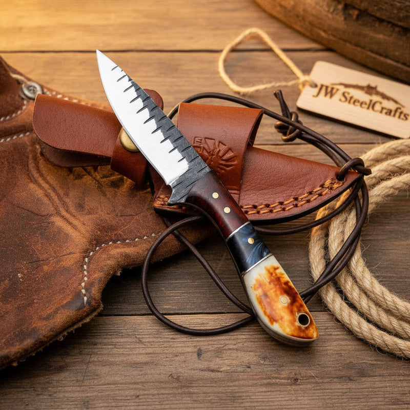 Load image into Gallery viewer, Trailblazer Amber Skinner Knife with dark wood amber resin butt cap handle
