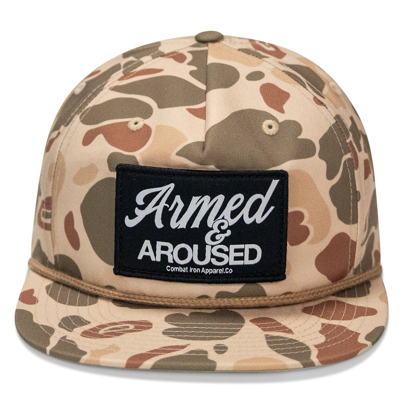 Load image into Gallery viewer, Armed &amp; Aroused Patch Flatbill Snapback Hat
