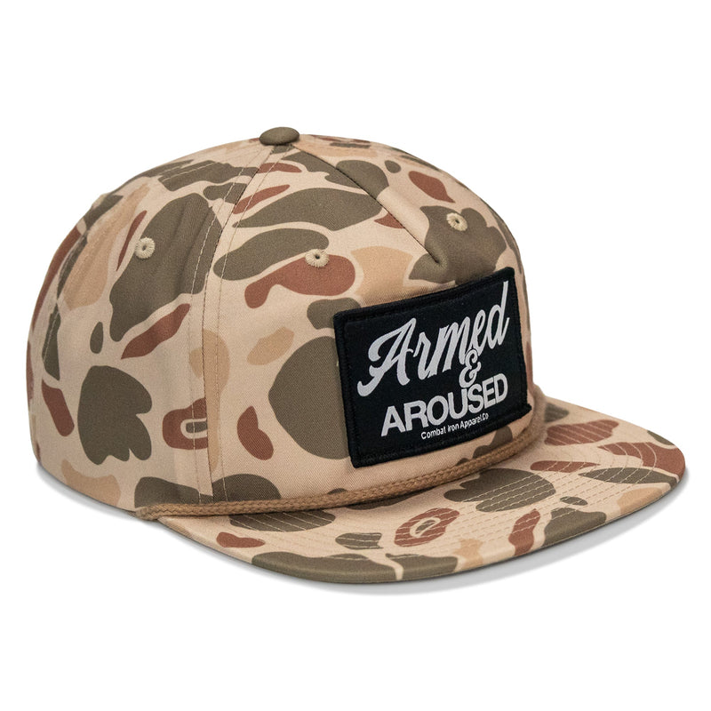 Load image into Gallery viewer, Armed &amp; Aroused Patch Flatbill Snapback Hat
