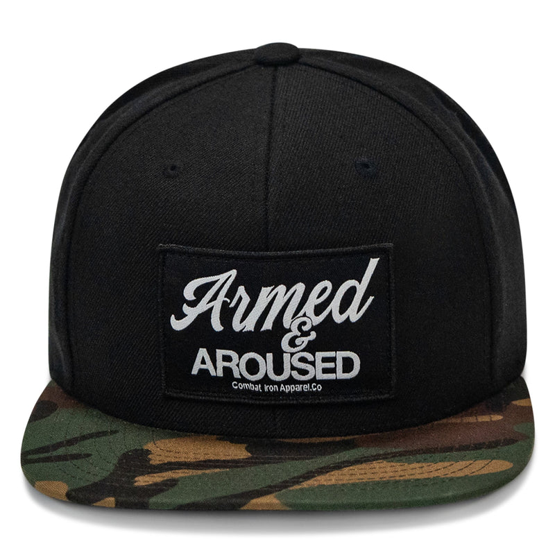 Load image into Gallery viewer, Armed &amp; Aroused Patch Flatbill Snapback Hat
