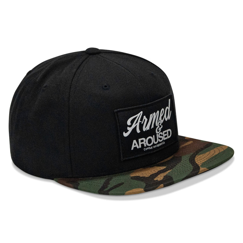 Load image into Gallery viewer, Armed &amp; Aroused Patch Flatbill Snapback Hat
