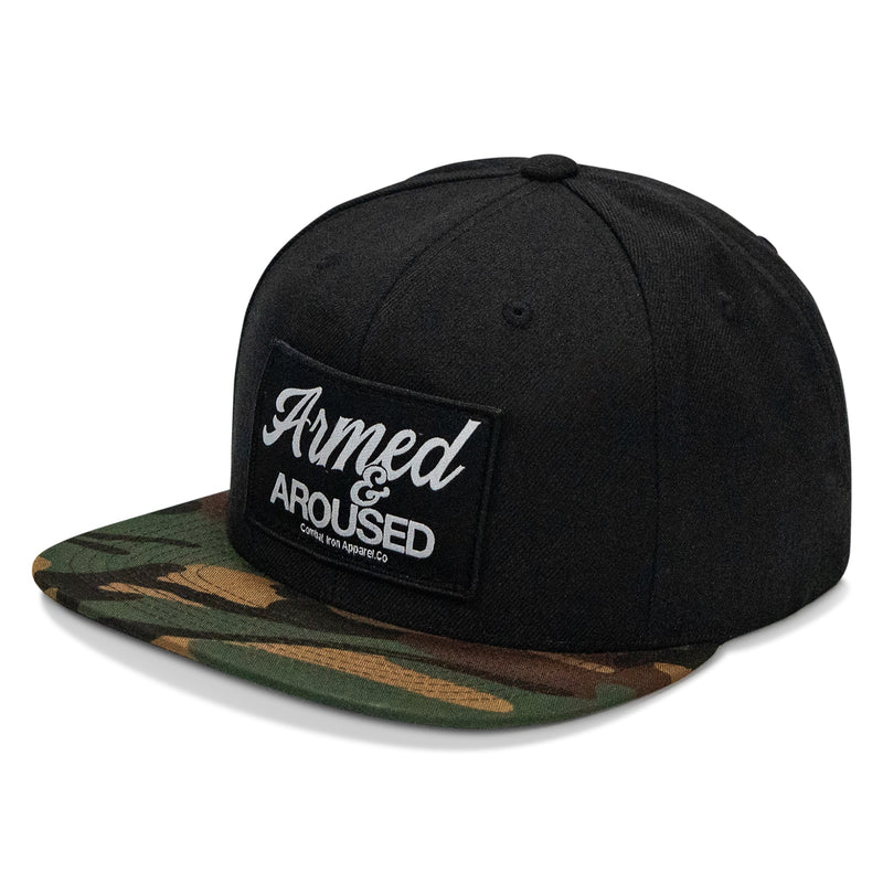 Load image into Gallery viewer, Armed &amp; Aroused Patch Flatbill Snapback Hat
