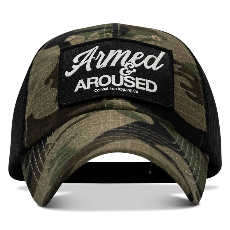 Load image into Gallery viewer, Armed &amp; Aroused Patch. Tactical Ripstop Mesh Snapback Hat
