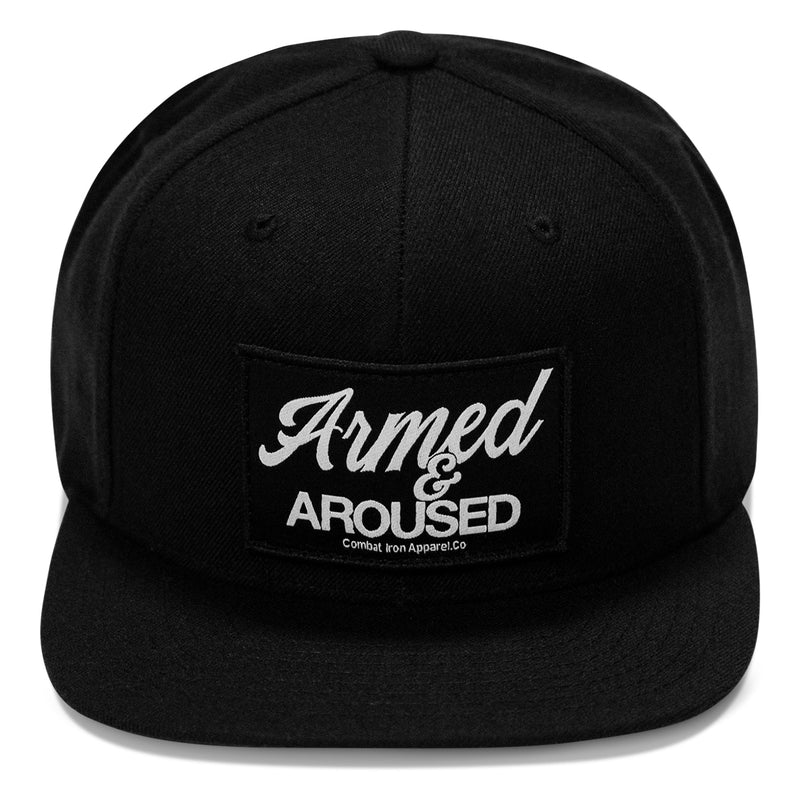 Load image into Gallery viewer, Armed &amp; Aroused Patch Flatbill Snapback Hat
